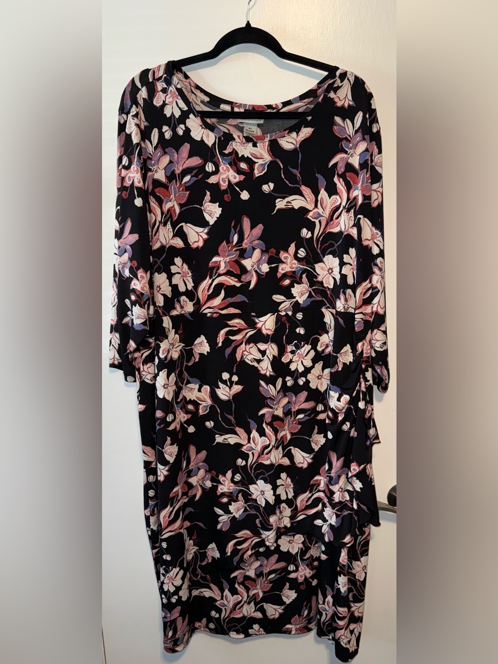 Catherines Black Long-Sleeve Floral Midi Dress with Pink and Cream Accents